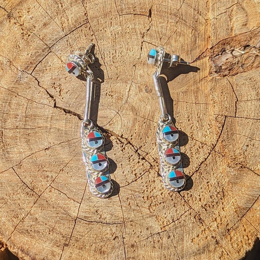 Authentic Zuni Sun Face Inlay Dangle Earrings Handmade Native American Jewelry** - Picture 6 of 9